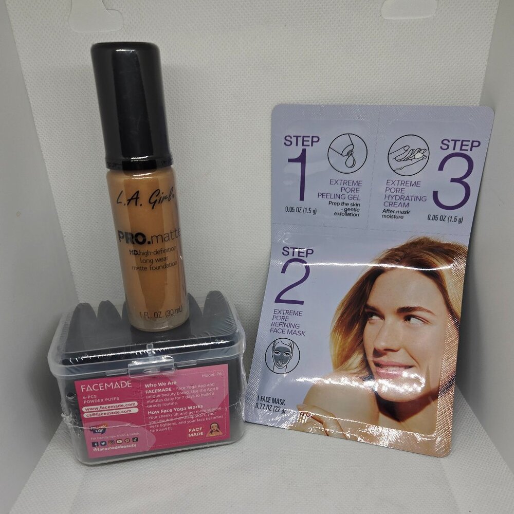 New Beauty Bundle LA Girl Pro.matte , Facemade 6 Powder Puffs & 3 Step Face Mask